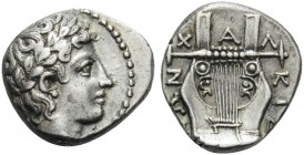 MACEDON, Chalkidian League. Circa 432-348 BC. Tetrobol (Silver, 14 mm, 2.33 g, 3 h), Olynthos. Laureate head of Apollo to right. Rev. ΧΑΛΚΙΔΕΩΝ Kithar...