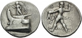 KINGS OF MACEDON. Demetrios I Poliorketes, 306-283 BC. Tetradrachm (Silver, 27 mm, 16.90 g, 1 h), Salamis, c. 300-295. Nike, blowing a trumpet and hol...