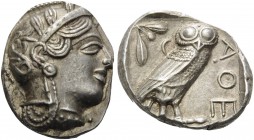 ATTICA. Athens . Circa 440s-430s BC. Tetradrachm (Silver, 25 mm, 17.19 g, 9 h). Head of Athena to right, wearing crested Attic helmet adorned with thr...