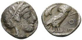 ATTICA. Athens . Circa 454-404 BC. Obol (Silver, 9 mm, 0.47 g, 9 h). Helmeted head of Athena to right. Rev. AΘE Owl standing right, head facing; behin...
