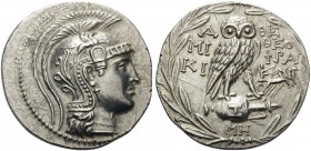 ATTICA. Athens . 137/6 BC. Tetradrachm (Silver, 30 mm, 16.98 g, 12 h), Miki(on) and Theophra(stos). Head of Athena Parthenos to right, wearing triple-...