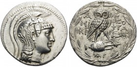 ATTICA. Athens . 137/6 BC. Tetradrachm (Silver, 30 mm, 16.78 g, 12 h), Miki(on) and Theophra(stos). Head of Athena Parthenos to right, wearing triple-...