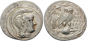ATTICA. Athens . 136/5 BC. Tetradrachm (Silver, 33 mm, 16.89 g, 12 h), Hera..., Aristoph... and Basilei... Head of Athena Parthenos to right, wearing ...