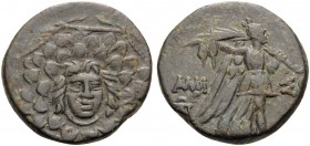 PONTOS. Amisos . Time of Mithradates VI Eupator, circa 85-65 BC. (Bronze, 19 mm, 5.46 g, 12 h). Aegis. Rev. AMI-ΣOΥ Nike walking right, holding palm t...