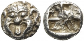 MYSIA. Parion . 5th century BC. Drachm (Silver, 13 mm, 3.93 g). Facing gorgoneion with protruding tongue. Rev. Rough, quadripartite incuse square. SNG...
