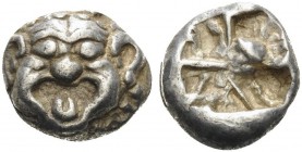 MYSIA. Parion . 5th century BC. Drachm (Silver, 14 mm, 3.93 g). Facing gorgoneion with protruding tongue. Rev. Rough, quadripartite incuse square. SNG...