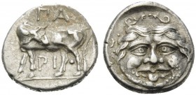 MYSIA. Parion . 4th century BC. Hemidrachm (Silver, 13 mm, 2.46 g, 4 h). Bull standing left, head turned to right. Rev. ΠA-PI Facing gorgoneion. SNG F...