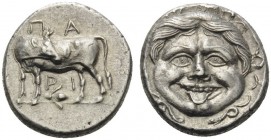 MYSIA. Parion . 4th century BC. Hemidrachm (Silver, 13 mm, 2.24 g, 6 h). ΠA-PI Bull standing left, head right; below, fly to left . Rev. Facing gorgon...