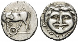 MYSIA. Parion . 4th century BC. Hemidrachm (Silver, 15 mm, 2.44 g, 6 h). ΠA-PI Bull standing left, head turned to right; below, facing omphalos bowl. ...