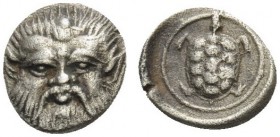 LESBOS. Methymna . Circa 350/30-250/40 BC. Hemiobol (Silver, 8 mm, 0.39 g, 2 h). Facing head of Silenos. Rev. Tortoise within circular border; all wit...