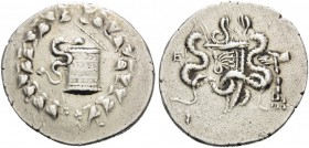 IONIA. Ephesos . Circa 180-67 BC. Cistophoric Tetradrachm (Silver, 31 mm, 12.53 g, 1 h). Serpent crawling out of cista mystica; all within ivy wreath....