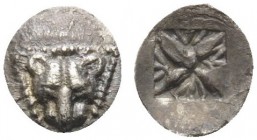 IONIA. Miletos . late 6th-early 5th century BC. Tetartemorion (Silver, 7.5 mm, 0.18 g). Lion’s head facing within a triangular border of dots. Rev. Fl...