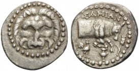 ISLANDS OFF IONIA, Samos. Circa 210-185 BC. Tetrobol (Silver, 16 mm, 2.61 g, 10 h). Lion's mask facing. Rev. ΣAMIΩN Forepart of a bull to right; to ri...