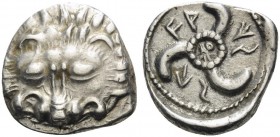 DYNASTS OF LYCIA. Vekhssere II, circa 410-390/80 BC. Tetrobol (Silver, 15 mm, 3.13 g, 2 h). Lion's scalp facing. Rev. FA-KS-SE around triskeles. SNG v...