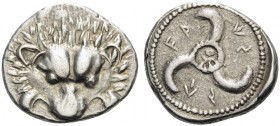 DYNASTS OF LYCIA. Vekhssere II, circa 410-390/80 BC. Tetrobol (Silver, 15 mm, 2.95 g). Lion's scalp facing. Rev. FA-KS-SE around triskeles. SNG von Au...