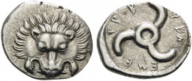 DYNASTS OF LYCIA. Trbbenimi, circa 390-370 BC. Tetrobol (Silver, 17 mm, 2.92 g, 2 h). Lion's scalp facing. Rev. TPB-BEN-EME around triskeles. SNG von ...