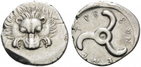 DYNASTS OF LYCIA. Trbbenimi, circa 390-370 BC. Tetrobol (Silver, 17 mm, 3.14 g). Lion's scalp facing. Rev. TPB-BEN-EME around triskeles. SNG von Auloc...