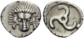 DYNASTS OF LYCIA. Perikles, circa 380-360 BC. Tetrobol (Silver, 18 mm, 2.78 g). Lion's scalp facing. Rev. ΠΕ-PΕ-ΚΛE around triskeles. SNG von Aulock 4...