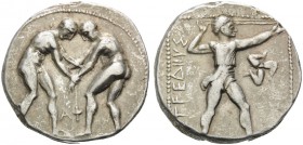 PAMPHYLIA. Aspendos . Circa 380/75-330/25 BC. Stater (Silver, 23 mm, 10.82 g, 12 h). Two wrestlers beginning to grapple with each other; between them,...