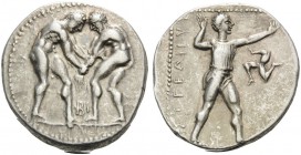 PAMPHYLIA. Aspendos . Circa 380/75-330/25 BC. Stater (Silver, 24 mm, 10.86 g, 12 h). Two wrestlers beginning to grapple with each other; between them,...