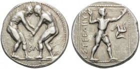 PAMPHYLIA. Aspendos . Circa 380/75-330/25 BC. Stater (Silver, 23 mm, 10.75 g, 12 h). Two wrestlers beginning to grapple with each other; between them,...
