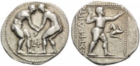 PAMPHYLIA. Aspendos . Circa 380/75-330/25 BC. Stater (Silver, 23 mm, 10.72 g, 12 h). Two wrestlers beginning to grapple with each other; between them,...
