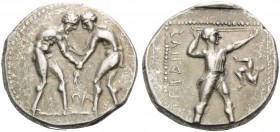 PAMPHYLIA. Aspendos . Circa 380/75-330/25 BC. Stater (Silver, 23 mm, 10.83 g, 12 h). Two wrestlers beginning to grapple with each other; between them,...