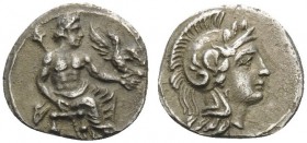 CILICIA. Uncertain . 4th Century BC. Obol (Silver, 10 mm, 0.76 g, 10 h). Baaltars seated right, holding lotus-tipped scepter with eagle landing on his...
