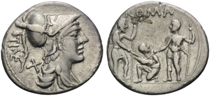 Ti. Veturius, 137 BC. Denarius (Silver, 20 mm, 3.84 g, 1 h), Rome. TI VE Helmete...