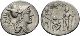 Ti. Veturius, 137 BC. Denarius (Silver, 20 mm, 3.84 g, 1 h), Rome. TI VE Helmeted and draped bust of Mars to right; X to left. Rev. ROMA Oath-taking s...