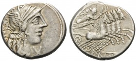 M. Fannius C.f, 123 BC. Denarius (Silver, 17 mm, 3.95 g, 12 h), Rome. ROMA Helmeted head of Roma to right; before her chin, X. Rev. [M] FAN C F Victor...