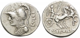 P. Servilius M.f. Rullus, 100 BC. Denarius (Silver, 19 mm, 4.01 g, 9 h), Rome. RVLLI Helmeted bust of Minerva to left, wearing aegis. Rev. P SERVIL IM...