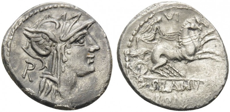 D. Silanus L.f, 91 BC. Denarius (Silver, 19 mm, 3.51 g, 3 h), Rome. Helmeted hea...
