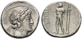 L. Marcius Censorinus, 82 BC. Denarius (Silver, 16 mm, 3.84 g, 2 h), Rome. Laureate head of Apollo to right. Rev. L CENSOR Marsyas walking left with h...