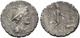 C. Mamilius Limetanus, 82 BC. Denarius Serratus (Silver, 19 mm, 3.93 g, 9 h), Rome. Draped bust of Mercury, wearing winged petasus with caduceus behin...