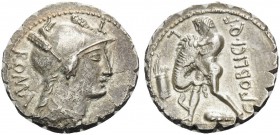 C. Poblicius Q.f, 80 BC. Denarius (Silver, 18 mm, 3.98 g, 11 h), Rome. ROMA Draped bust of Roma to right, wearing helmet adorned with plumes; above, L...