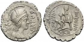 Mn. Aquillius Mn.f. Mn.n, 65 BC. Denarius Serratus (Silver, 22 mm, 3.76 g, 5 h), Rome. VIRTVS/ III VIR Helmeted and draped bust of Virtus to right. Re...