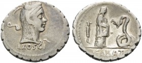 L. Roscius Fabatus, 59 BC. Denarius Serratus (Silver, 19 mm, 3.74 g, 6 h), Rome. L ROSCI Head of Juno Sospita to right wearing goat-skin headress; beh...