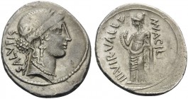 Man. Acilius Glabrio, 49 BC. Denarius (Silver, 21 mm, 3.26 g, 8 h), Rome. SALVTIS Laureate head of Salus to right. Rev. MN. ACILIVS III.VIR.VALETV Val...