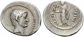 The Triumvirs. Mark Antony, 42 BC. Denarius (Silver, 20 mm, 3.62 g, 4 h), C. Vibius Varus, moneyer., Rome. Bare head of Mark Antony to right, wearing ...