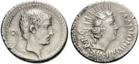 Mark Antony. Denarius (Silver, 20 mm, 3.93 g, 6 h), military mint traveling with Antony in Italy, 42 BC. Bare head of Mark Antony to right; in field t...