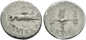 Mark Antony. Denarius (Silver, 17.5 mm, 3.88 g, 5 h), Legionary type, 9th Legion, Military mint moving with Mark Antony and Cleopatra, 32-31 BC. ANT A...
