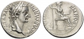 Tiberius, 14-37. Denarius (Silver, 18 mm, 3.61 g, 7 h), Lugdunum. TI CAESAR DIVI AVG F AVGVSTVS Laureate head of Tiberius to right. Rev. PONTIF MAXIM ...