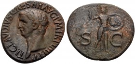 Claudius, 41-54. As (Bronze, 29 mm, 10.94 g, 7 h), Rome, 50-54. TI CLAVDIVS CAESAR AVG P M TR P IMP P P Bare head of Claudius to left. Rev. S - C Mine...
