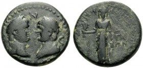 AEOLIS. Aegae . Titus & Domitian, As Caesars, AD 69-79 and AD 69-81. (Bronze, 17 mm, 4.91 g, 12 h). ΣΕΒΑΣΤ-Ω-Ν Confronted heads of Titus right, laurea...