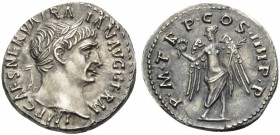 Trajan, 98-117. Denarius (Silver, 18 mm, 3.12 g, 7 h), Rome, 102. IMP CAES NERVA TRAIAN AVG GERM Laureate head of Trajan to right. Rev. P M TR P COS I...