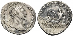 Trajan, 98-117. Denarius (Silver, 19 mm, 3.28 g, 7 h), Rome, 112-113. IMP TRAIANO AVG GER DAC P M TR P COS III P P Laureate bust of Trajan to right, w...