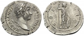 Hadrian, 117-138. Denarius (Silver, 20 mm, 2.82 g, 6 h). HADRIANVS AVGVSTVS P P Laureate head of Hadrian to right. Rev. COS III Minerva standing right...
