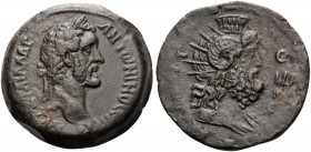 EGYPT. Alexandria . Antoninus Pius, 138-161. Drachm (Bronze, 33 mm, 23.65 g, 10 h), year 5 (E) = 141/142. AYT K T AIΛ A∆P ANTΩNINOC EYC Laureate head ...