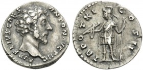 Marcus Aurelius, as Caesar, 139-161. Denarius (Silver, 17 mm, 3.09 g, 1 h), Rome, 156-157. AVRELIVS CAES ANTON AVG PII F Slightly bearded, bare head o...